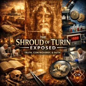 Cinematic poster for The Shroud of Turin Exposed featuring the shroud at center with a collage of science, relic controversy, Scripture, history, and carbon dating imagery.