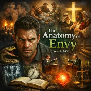 Cinematic collage poster “The Anatomy of Envy” with intense envious man, Bible, cross, debate, snake, whispering, scales, and burning heart.
