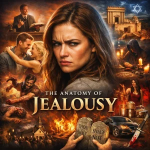 Cinematic collage poster of a jealous woman, surrounded by idols, church scenes, money, lust, and fire, titled “The Anatomy of Jealousy.”