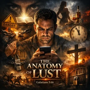 Cinematic collage poster for “The Anatomy of Lust” series: troubled man facing a glowing phone, Bible and cross, broken chains, locked gate, shadows of temptation.