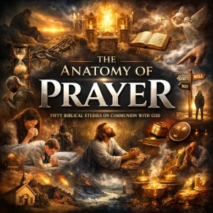 Cinematic collage poster titled “The Anatomy of Prayer” showing a believer praying over an open Bible with Gethsemane, spiritual armor, church prayer, and heavenly incense imagery.