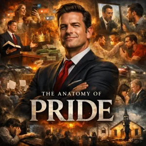Square cinematic poster for “The Anatomy of Pride” series—proud man centered with collage of pride’s fruits (contention, hypocrisy, nations, ministry) around him.