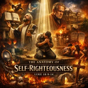 Cinematic poster for The Anatomy of Self-Righteousness series showing a kneeling sinner, proud religion, the cross, and the contrast between self-righteousness and God’s mercy.