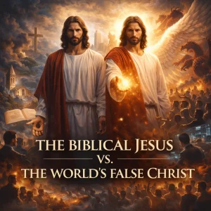 The real Jesus stands beside the world’s false christ in a dramatic end-times collage showing truth versus deception.