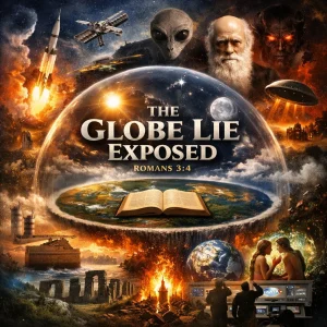 Cinematic poster for The Globe Lie Exposed featuring flat earth under firmament, open Bible, sun and moon, NASA imagery, Darwin, and deception themes.