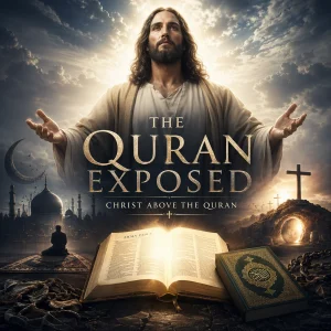Cinematic poster for The Quran Exposed series showing Christ above the Quran, a glowing Bible, mosque silhouette, cross, and empty tomb.