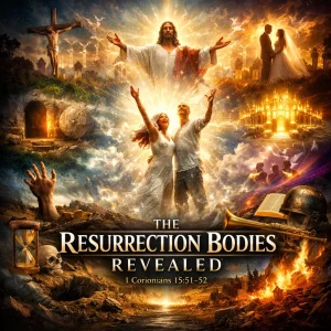 Cinematic poster for The Resurrection Bodies Revealed showing Christ, risen saints, open tomb, trumpet, grave, and resurrection glory.