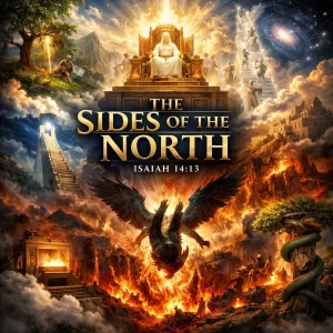 Cinematic poster for The Sides of the North series showing God’s throne above, Lucifer falling, and the contrast between heaven, Zion, and the pit.
