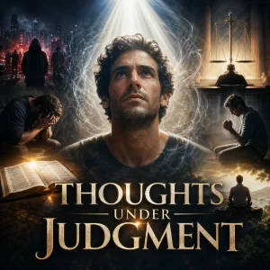 Cinematic poster for Thoughts Under Judgment showing a man under divine light with Bible, prayer, judgment, and the battle of the mind.