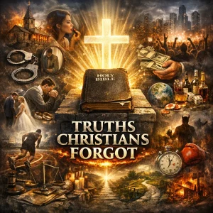 Cinematic poster for Truths Christians Forgot featuring a glowing Bible, radiant cross, and symbolic collage of forgotten Christian doctrine, holiness, judgment, worldliness, and spiritual truth.