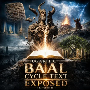 Open Bible before shattered Baal idol with Elijah on Carmel, lightning, fire altar, ancient tablets, grove pillars, and storm clouds in cinematic collage.