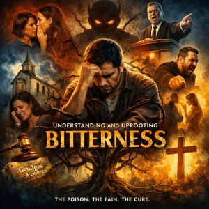 Cinematic collage poster of a believer trapped in bitterness as it spreads through family and church; Bible, bitter waters, wormwood, and cross imagery.