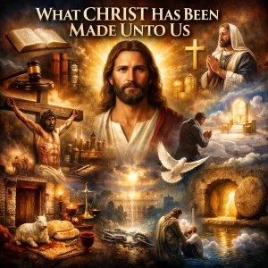 Cinematic collage of Jesus Christ with cross, lamb, scales, tomb, and throne representing what Christ has been made unto believers in Scripture.