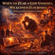 Cinematic poster of a man praying amid societal collapse, illustrating how wickedness flourishes when the fear of God vanishes.