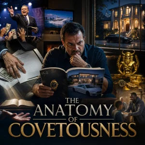 Cinematic poster for The Anatomy of Covetousness: man coveting at desk, KJV Bible and money imagery, heart-idolatry theme, dramatic collage.