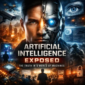 Cinematic collage poster for Artificial Intelligence Exposed: split human/robot face, AI core, surveillance, deepfakes, control, KJV discernment.