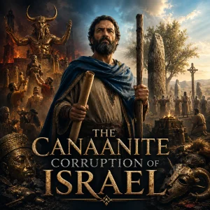 Cinematic poster of a biblical prophet standing amid Canaanite idols, standing stones, pagan altars, and false worship scenes from ancient Israel.