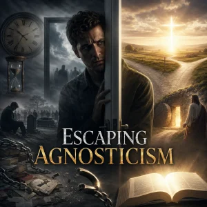 Escaping Agnosticism poster with man in doorway between shadow and light, hourglass, broken chain, open Bible, and cross in the distance.