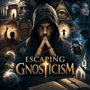 Escaping Gnosticism cinematic poster with hooded Gnostic figures, occult symbols, glowing Bible, cross imagery, and spiritual deception themes.