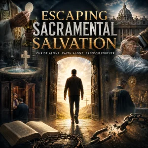 Cinematic poster showing escape from sacramental religion into the light of Christ, exposing ritual bondage through a dramatic biblical scene.
