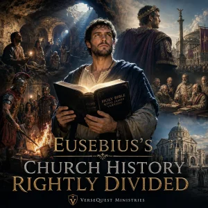 Eusebius’s Church History Rightly Divided series image showing a Bible believer holding a King James Bible amid early church history scenes.