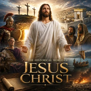 Cinematic poster of Jesus Christ with Jerusalem, Roman rulers, the cross, empty tomb, apostles, and the fall of the city in the historical world of Christ.
