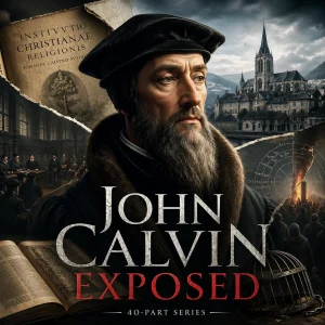 John Calvin Exposed series poster showing Calvin, Geneva, and a dramatic KJV Bible theme exposing Calvinism and defending gospel truth.