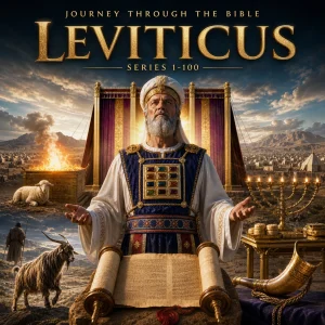 Journey Through the Bible Leviticus series poster with high priest, tabernacle, altar, lamb, lampstand, scroll, and sacred desert worship scene.