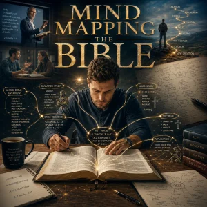 Open Bible with glowing mind map branches as a man studies Scripture, surrounded by scenes of teaching, doctrine, and Bible study in cinematic light.