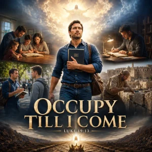 Christian man holding a Bible beneath Christ with scenes of prayer, family devotion, witnessing, study, and labor for the Occupy Till I Come series