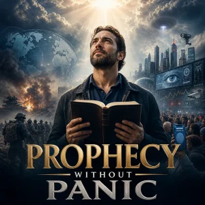 Bible believer looks up with an open Bible as war, global surveillance, UFO deception, digital ID, and end-times chaos surround him.