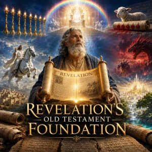 Cinematic poster for Revelation’s Old Testament Foundation featuring John with scroll, heavenly throne, Lamb, dragon, white horse, lampstands, and New Jerusalem.