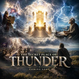 Cinematic poster of God’s radiant throne with lightning and thunder, surrounded by Moses, John writing, battle scenes, and a watcher beneath storm-filled heavens.