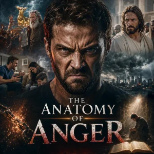 Square cinematic poster for “The Anatomy of Anger” showing an intense angry man with Bible, fire, storm clouds, and judgment imagery in a dramatic collage.