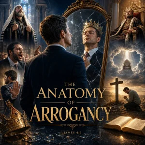 A man faces a cracked mirror crowned in pride, surrounded by a cross, throne, Bible, and scenes of judgment in The Anatomy of Arrogancy.