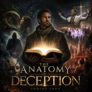 Cinematic featured image for The Anatomy of Deception series showing a man holding a glowing Bible surrounded by serpent, false religion, Babylon, and spiritual darkness.