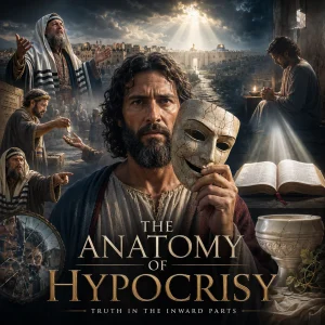 Cinematic Anatomy of Hypocrisy poster showing a man holding a cracked mask with scenes of false religion, prayer, Scripture, judgment, and truth.