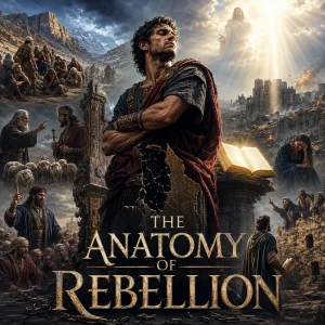 Cinematic poster for “The Anatomy of Rebellion” KJV series showing a defiant figure, broken crown, ruined city, open Bible, and warning scenes.