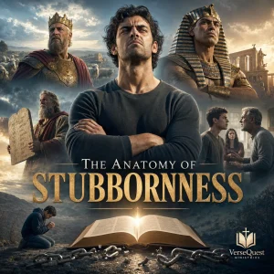 Cinematic poster for The Anatomy of Stubbornness: defiant man centered, biblical collage (Saul, Pharaoh, Moses), open Bible, broken chains, VerseQuest logo.