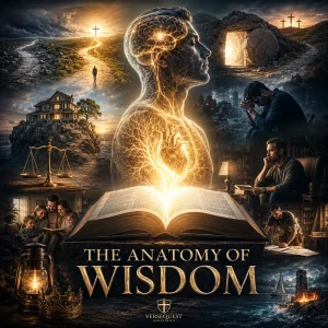 The Anatomy of Wisdom series poster: open KJV Bible with glowing wisdom imagery, paths, cross, home, prayer, work, justice, and trials. VerseQuest.