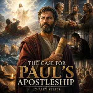 Cinematic poster of Apostle Paul with Christ, prison, ship, and apostles for The Case for Paul’s Apostleship 15-part Bible series