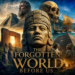 Ancient ruins, giant stone face, skull, temple, and sea voyage poster for The Forgotten World Before Us series