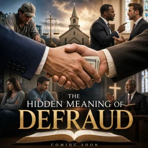 Cinematic poster for The Hidden Meaning of Defraud showing bribery, church conflict, withheld wages, marriage strain, and biblical preaching.