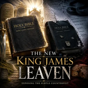 Cinematic poster for The New King James Leaven series showing the KJV Bible confronting subtle NKJV corruption, doubt, and modern revision.