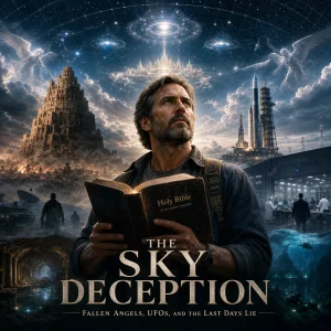 Cinematic poster for The Sky Deception showing a Bible believer under the firmament, UFO lights, fallen angels, Babel, and hidden bases.