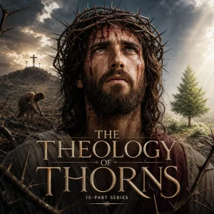 Christ crowned with thorns in The Theology of Thorns series poster, showing Adam’s cursed ground, Calvary, and future restoration.