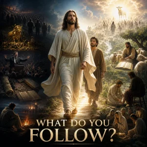 Jesus walking between false paths and faithful disciples, symbolizing the KJV series What Do You Follow? on spiritual direction and following the Lamb.