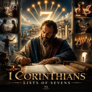 1 Corinthians Lists of Sevens poster with Paul writing Scripture, seven lights over Corinth, and Bible scenes for KJV verse-by-verse study.