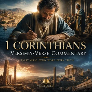 1 Corinthians Verse-by-Verse Commentary cover showing Paul writing Scripture with ancient Corinth scenes and VerseQuest Ministries branding.