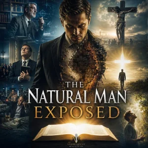 The Natural Man Exposed series poster showing fallen man revealed by Scripture, contrasted with the cross, worldly wisdom, false religion, and the light of Christ.